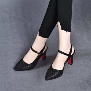 Womens Hollow out Toe Sandals Breathable Mesh Korean Style mid Heel Sharp Pointed Toe Single Strap Casual Fashion Shoes