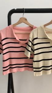 BL0946 Loose Stripe Collar Knit Top