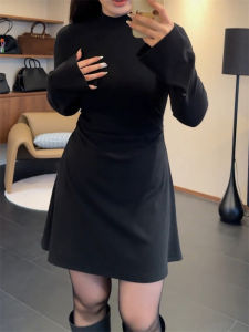 plus Size French Elegant Semi High Collar Dress Womens Fashion Slimming Waist Concealing Base Layer Little Black Dress