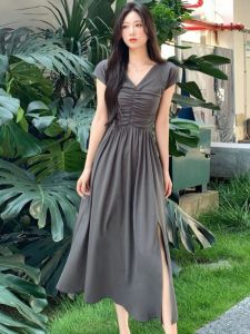 V-neck Waist Cinching Tea Dress Long