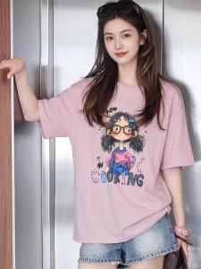 Basic House | Pink Floral Round Neck Short Sleeve Loose T-Shirt