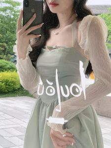 ฤดูร้อน ใหม่ ผู้หญิง นุ่ม คุณภาพ ผ้าชีฟอง เสื้อผ้าป้องกันแสงแดด แจ๊กเก็ตสไตล์สั้น ไหล่เล็ก สายคล้อง สั้น คาร์ดิเกน ชุดคลุมแบบบาง