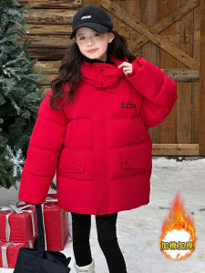 Girls Winter Coat Red Thickened down Cotton Padded Hooded Jacket Korean Style Warmth Filled Zipper Closure Solid Color Cotton Inner