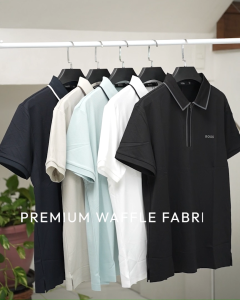 Mens Boss Waffle Half Zipper Polo Shirt Korean Style Golf Shirt Casual Comfort Fit Top