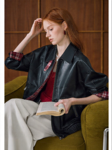 KUHNMARVIN | Plaid Panel PU Jacket Women Small Black
