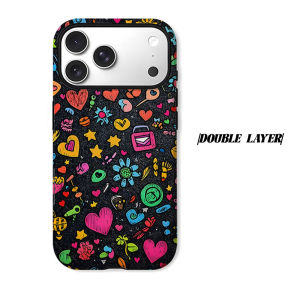 Black Graffiti Heart Doodle Phone Case for iPhone 18 17 16 15 14 13 12 11 Air Pro Max Plus Double-layer Cover