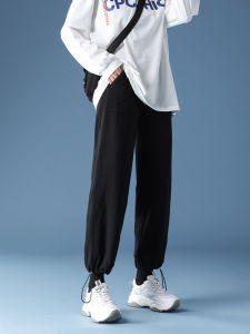 Quần Thể Thao Màu Đen Cho Nữ 2025 Quần Dài Ống Đứng Rộng Rãi Có Dây Rút Lót Lông Cừu Mùa Xuân Thu Đông Quần Dài Thoải Mái