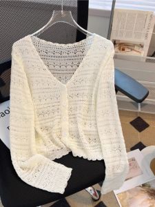 White Ice Silk Knitted Long Sleeve V-Neck Cardigan for Women with Hollow Out Design Lightweight Summer Autumn Layer Suitable for Commuting