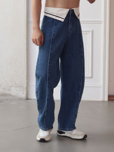 Retro Fashion Color Block Deconstructed Knife Edge Jeans Men Casual Lazy Wide Leg Straight Cut Denim Pants Harajuku Style