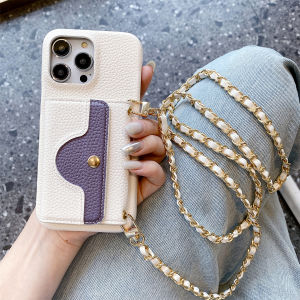 Metal Chain Strap Wallet Phone Case For iPhone 15 14 13 12 11 Pro Max Small Mirror Card Holder Luxury Shockproof Leather Cover
