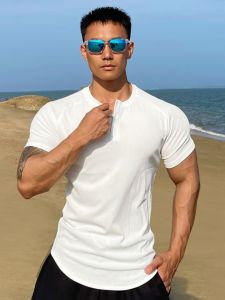 Mens Fitness Short Sleeve Cotton T-Shirt V-Neck Half-Fit Basketball Running Training Elastic Sportswear Breathable Moisture-Wicking