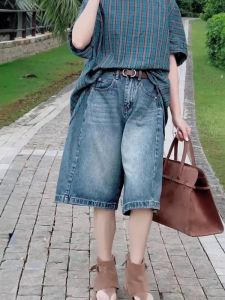 High Waist A-Line Blue Denim Shorts Womens plus Size Vintage Straight Leg Wide Leg Five-Point Mid-Length Casual Jeans