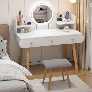 JIAJU-LED Mirror Multipurpose Dressing Table Drawer Nordic Storage Solid Wood Desk Makeup Comestic Tables set Meja Solek Vanity Table Organiser Rack化妆桌