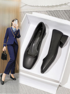 Chunky Heel Square Toe Shoes Professional Womens Shoe Low Heel Work Shoes Female Black Soft End Work Clothing Bank Stewardess Work Leather Shoes