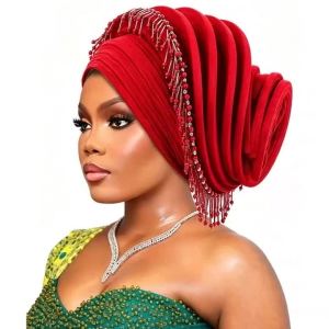 Khăn Turban Đội Đầu Hình Xoắn Ốc Châu Phi Đính Tua Rua Mũ Đội Đầu Gele Nigeria Mũ Đội Đầu Dự Tiệc Cưới Chất Liệu Polyester Size Chuẩn