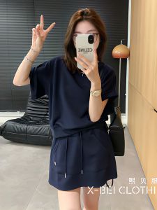 Euro Style Casual Sportswear Set for Women Pure Cotton Short Sleeve T-shirt + Short Skirt Fashionable Anti-aging Design