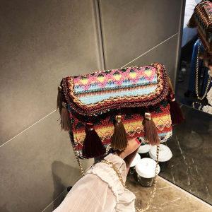 Tassel Trimmed Casual Versatile Womens Shoulder Bag Chain Crossbody Bag Ethnic Style Small Square Bag New 2024