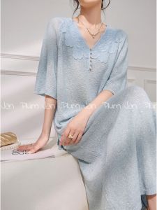 Bộ Áo & Váy Thun Xanh Dệt Kim Cổ V Thoáng Khí Rộng Rãi Có Hoa Văn
