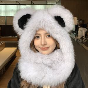 ผ้าพันคอขนสุนัขจิ้งจอกลายหมีน้อยน่ารักหมวกกันหิมะทั้งชิ้นหมวกขนเฟอร์ใช้ได้สองแบบสำหรับผู้หญิงหมวกมีฮู้ดผ้าพันคอกันหนาวใส่กลางแจ้ง