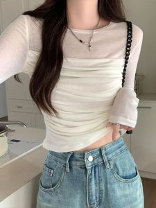 ลูกไม้สีดําเย็บ O คอ Crop Top เซ็กซี่ผอมแขนยาวเสื้อ T สําหรับผู้หญิง Harajuku Y2k ฤดูใบไม้ผลิฤดูร้อน Tees Basic ใหม่