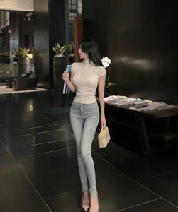 High Waist Stretchy Slimming Pencil Jeans Cotton Denim Bicolor Spring Autumn High Waist Frayed Hem Long Trousers for Women