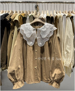 Double-Layer Collar Organza Embroidery Doll Collar Fashionable Western Style Youthful-Looking Flared Sleeves Long Sleeves Shirt Loose Shirt New Arrival