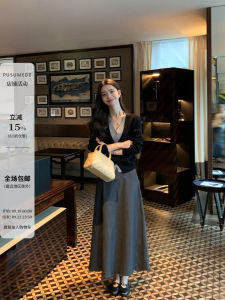 Pusumede Vintage High Waist Midi Skirt Womens Spring Autumn Slimming Drapey A-Line Umbrella Skirt Elegant Cotton Blend