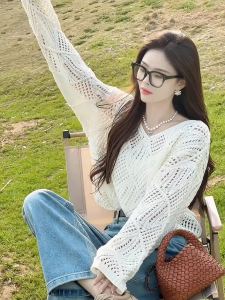 Spring Summer Womens Loose Knitted Cover up Top Thin V-Neck Long Sleeve Hollow out Design Korean Style Casual Fashion