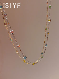 Summer Square Colorful Gem Fine Clavicle Chain Necklace Womens Style Lightweight Luxury Sensation Geometric Pattern Alloy Jewelry