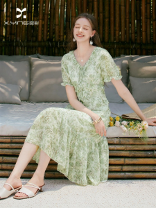XIANGYING | Floral V-Neck A-Line Slimming Green Summer Dress