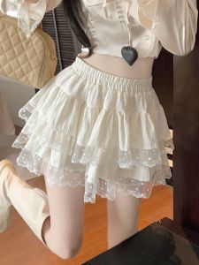 Váy Ngắn Xếp Ly Ren Cạp Cao Cho Nữ Mùa Xuân Mới Váy Ngắn Ren Viền Phong Cách Ballet Cỡ Lớn Váy Ngắn Che Chắn Chống Ánh Sáng