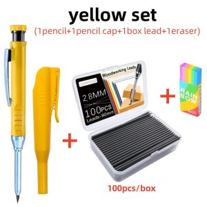 Deep Hole Solid Carpenter Pencil With Pencil Cap and 100pcs 2.8mm 2B Lead Woodworking Marking Mechanical Pencil for Woodworking