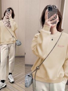 เสื้อฮู้ดคอกลมแขนยาวผ้าฝ้ายแท้พิมพ์ลายแฟชั่นสำหรับผู้หญิง ทรงหลวม อบอุ่น ลำลอง สไตล์เกาหลี เสื้อชั้นในฤดูใบไม้ร่วง