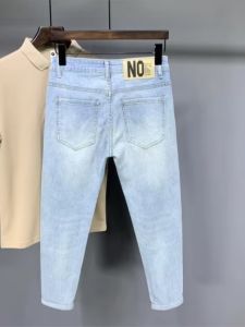 Light Blue Washed Slim Fit Jeans Mens Summer Thin American Trendy Brand High End Vintage Washed Nine Point Pants