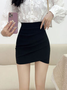 Black Mini Skirt Womens 2025 OL Professional High Waist Tightened Pleated Versatile Asymmetrical One Step Skirt Korean Style