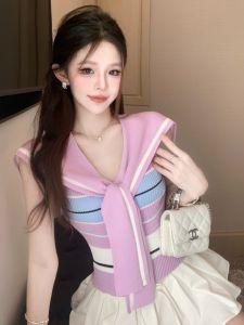 GUZILIAN | เสื้อกั๊กสั้นคอปกเรือประทับใจสำหรับผู้หญิง ดีไซน์ลายทางสีบล็อก หวานและเผ็ดร้อน สไตล์วิทยาลัย เสื้อกั๊กผูกเอวด้านหลัง เสื้อผ้าทำงานสไตล์เกาหลี