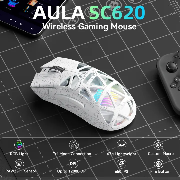 AULA SC620 Wireless Mouse Hollow Out Lightweight Design Tri-Mode 12000 DPI PAW3311 Fire Button Game Office Mouse