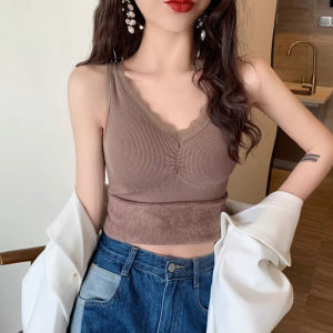 chaqi | Thickened Fleece Lined Integrated Vest Womens Lace Trim Chest Pad Inner Wear Slim Fit Top Base Shirt Autumn Winter