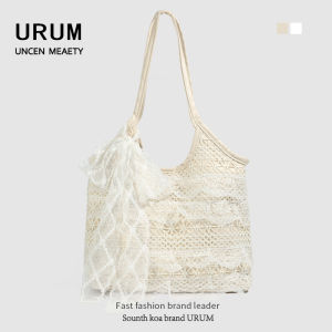 URUM Lace Tote Bag 2025 Summer New Style Beach Vacation Mesh Underarm Shoulder Bag Womens Commuter Bag Soft Surface Pure Color