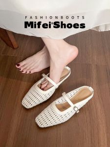 Womens Summer Breathable Hollow out Leather Sandals Slip-On Slippers Korean Style Flat Heel Comfortable Walking Shoes