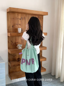 Large Capacity Drawstring Letter Print Single Shoulder Tote Bag Korean Style Casual Lazy Handheld Shopping Bag Versatile