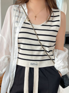 เสื้อกั๊กถักลายทางไซส์ใหญ่ ฤดูใบไม้ผลิและฤดูร้อน 2025 เสื้อชั้นในแบบสวมสำหรับผู้หญิง เสื้อกล้ามแบบสวมทับชั้นใน