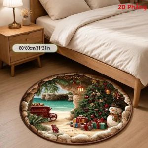 Thảm Trải Sàn Hình Cây Thông Noel Người Tuyết Xe Trượt Tuyết Cây Cọ Nhiệt Đới Ảo Ảnh 3D VIKAMA Chống Trơn Trượt Dùng Cho Phòng Khách Trang Trí Ngày Lễ 100% Polyester