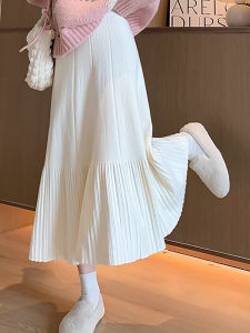 Autumn Winter Casual High Waist Slimming Midi Knitted Pleated A-Line Umbrella Skirt for Women Mid-Length Half Body Skirts