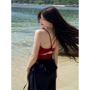 Áo Ba Lỗ Không Tay Màu Đỏ Cỡ Lớn Gợi Cảm Mùa Hè Áo Ba Lỗ Một Mảnh Hở Lưng Cho Nữ Áo Ba Lỗ Cổ Chữ V Dài Tay Mùa Hè