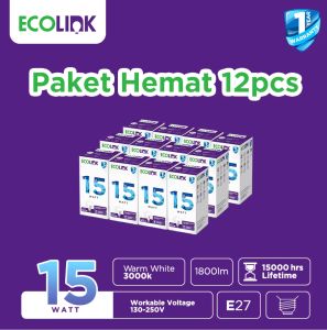 ( PAKET HEMAT ISI 12 PCS ) Ecolink Lampu Bohlam LED Bulb 15W 15 WATT Warm White 3000K Kuning Bergaransi 1 Tahun BAGUS KUALITAS TERBAIK