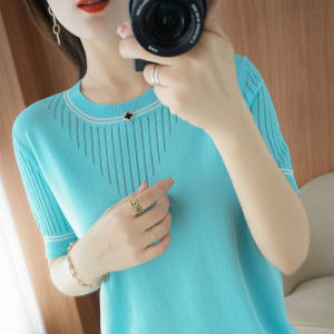 Loose Ice Silk Hollow out Half Sleeve Short Sleeve Knitted T-Shirt round Neck Versatile Base Layer Top for Women Summer New Style