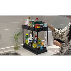 Kệ Đựng Đồ Dưới Bồn Rửa Bát - Kệ Đựng Đồ 2 Tầng Khung Thép Carbon Ngăn Chứa Có Thẻ Kéo Ra Tiện Lợi- ESTLA