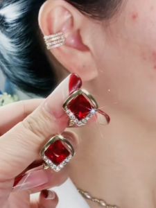 Womens Red Earrings round Face Slimming Fashion Jewelry Hoops Studs Alloy Embedded Artificial Gem Geometric Pattern