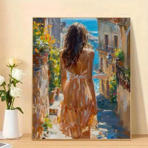 Kayou | Adults Paint By Number Coastal Town Woman Drawing on Canvas HandPainted Art DIY Pictures By Numbers Kit Home Decor
